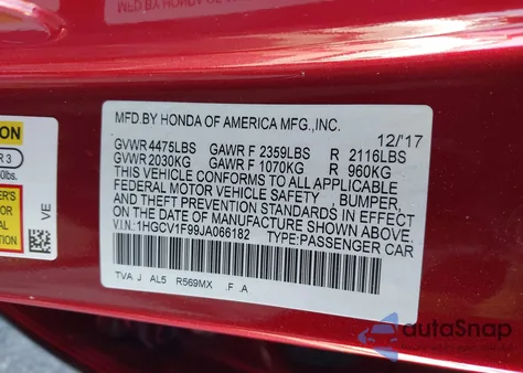 2018 Honda Accord Touring z USA, uszkodzony, nr VIN 1HGCV1F99JA066182